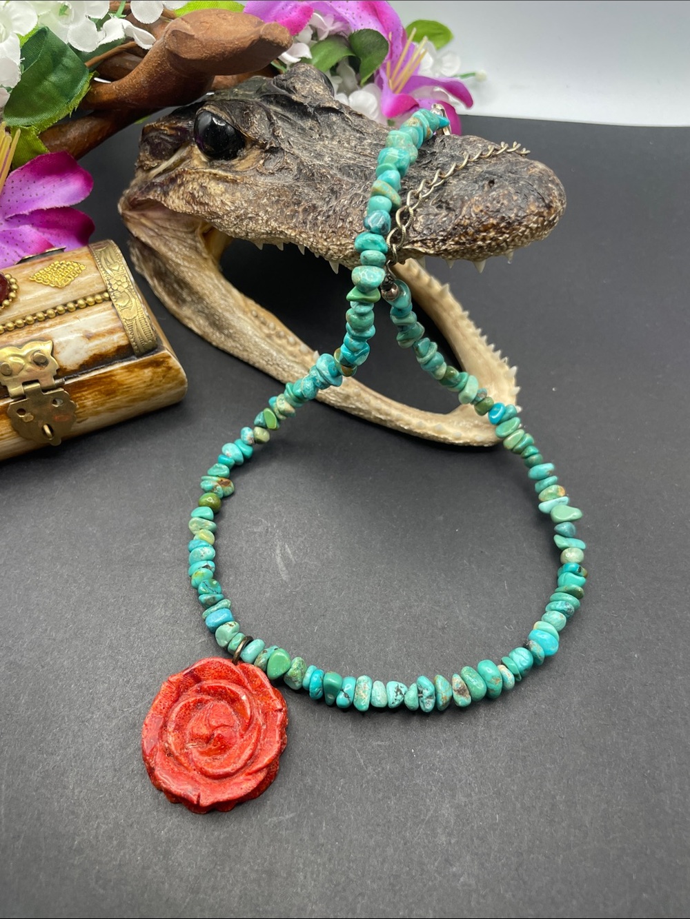 Relios/Carolyn Pollack turquoise, coral, and 925 necklace B40